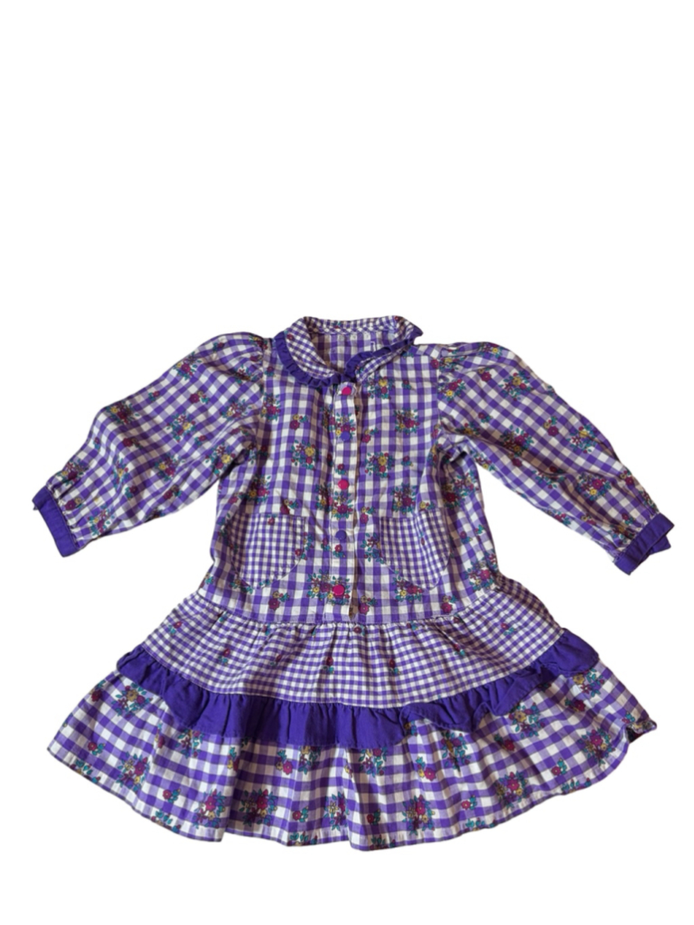 Vintage Girls Purple Gingham Floral Prairie Dress Ruffle Trim Pockets